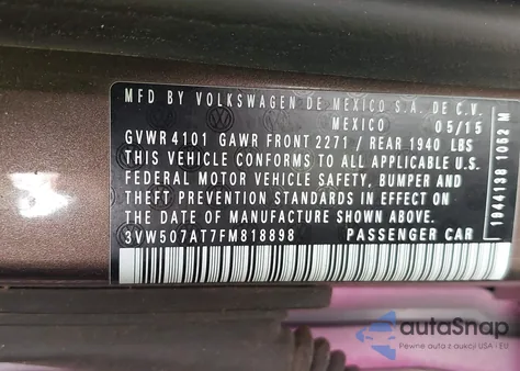 2015 Volkswagen Beetle 1.8T из США, поврежденный, VIN 3VW507AT7FM818898